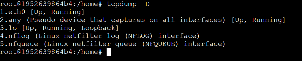 tcpdump output showing the list of available interfaces