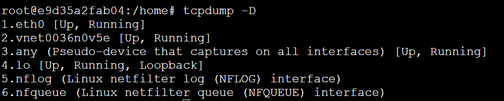 tcpdump output showing the list of available interfaces, including a VNET