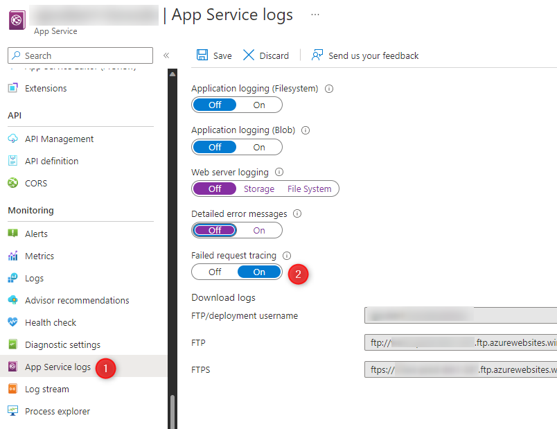 App Service Portal Overview - Enable Failed Request Tracing
