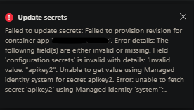 Key vault secret error with managed identity and container apps