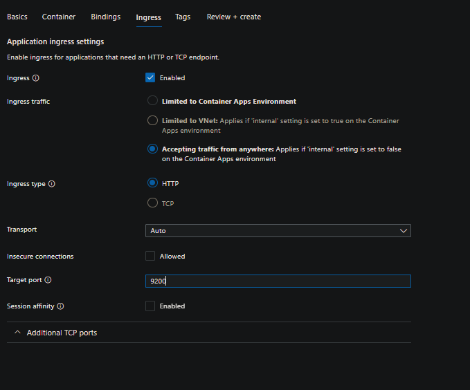 Ingress configuration for Container Apps creation