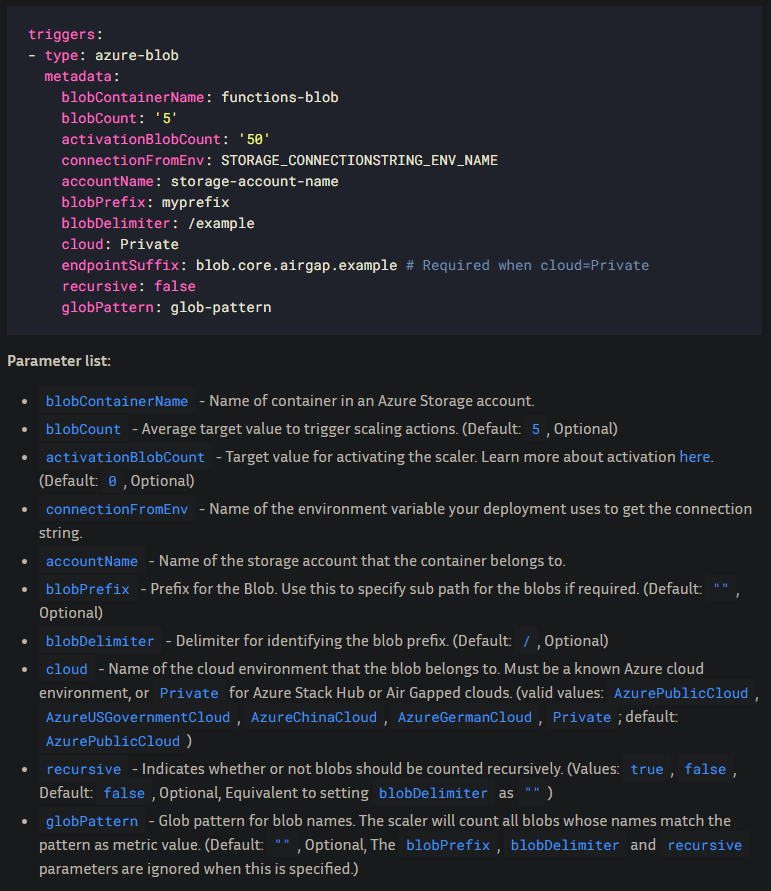 KEDA Azure Blob Storage definition