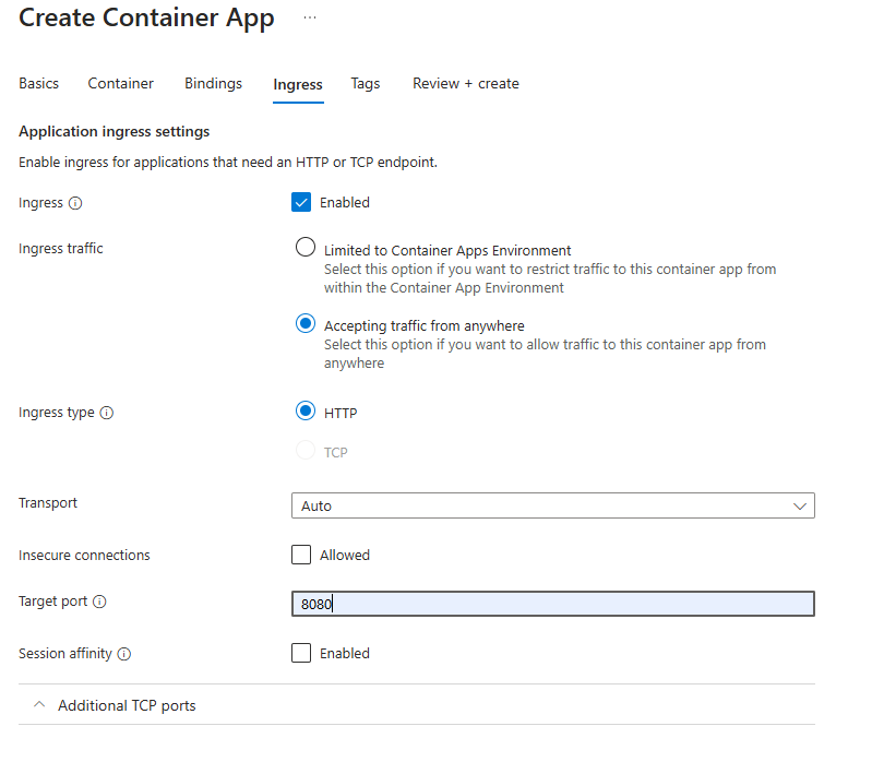 Create Azure Container Apps Ingress Settings