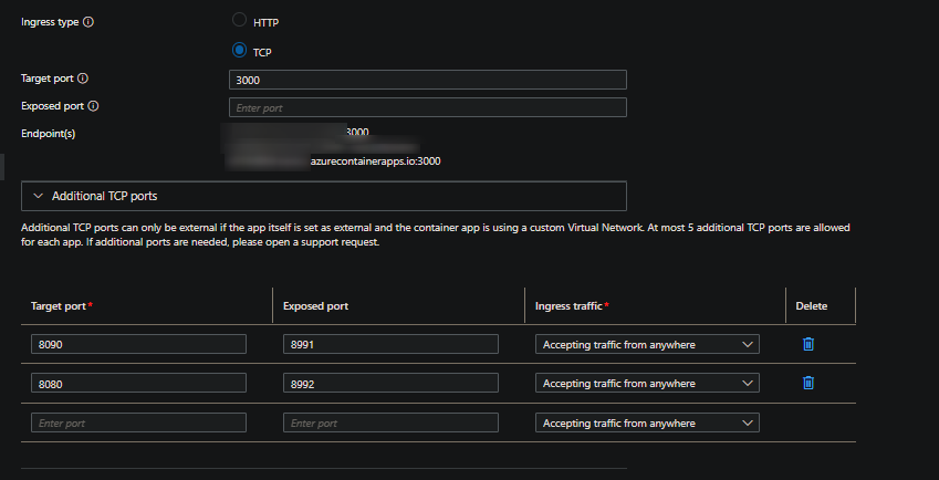 TCP with Additional TCP ports and exposed ports