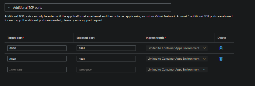 TCP with Additional TCP ports and no VNET