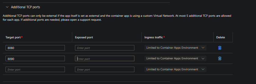 TCP with Additional TCP ports and no VNET