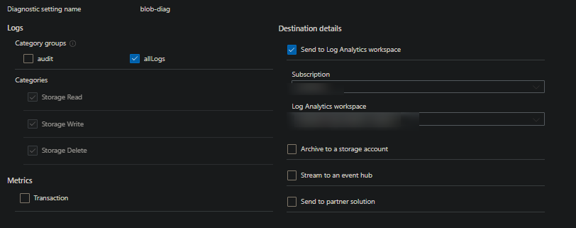 Blob diagnostic settings categories