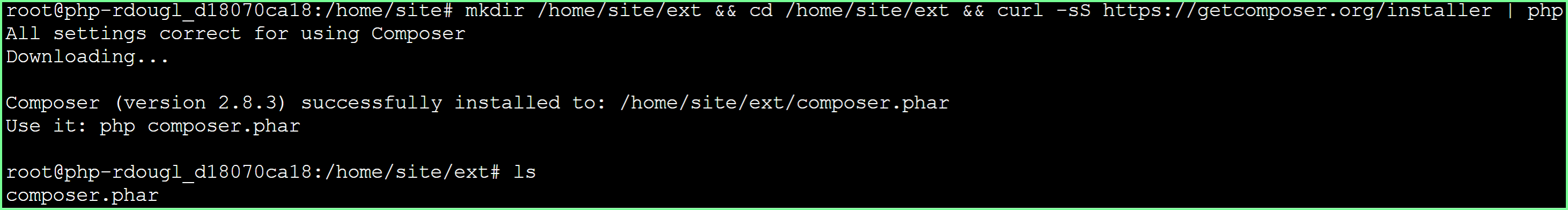 Command shows creating a new directory /home/site/ext and downloading the composer install and running it with php