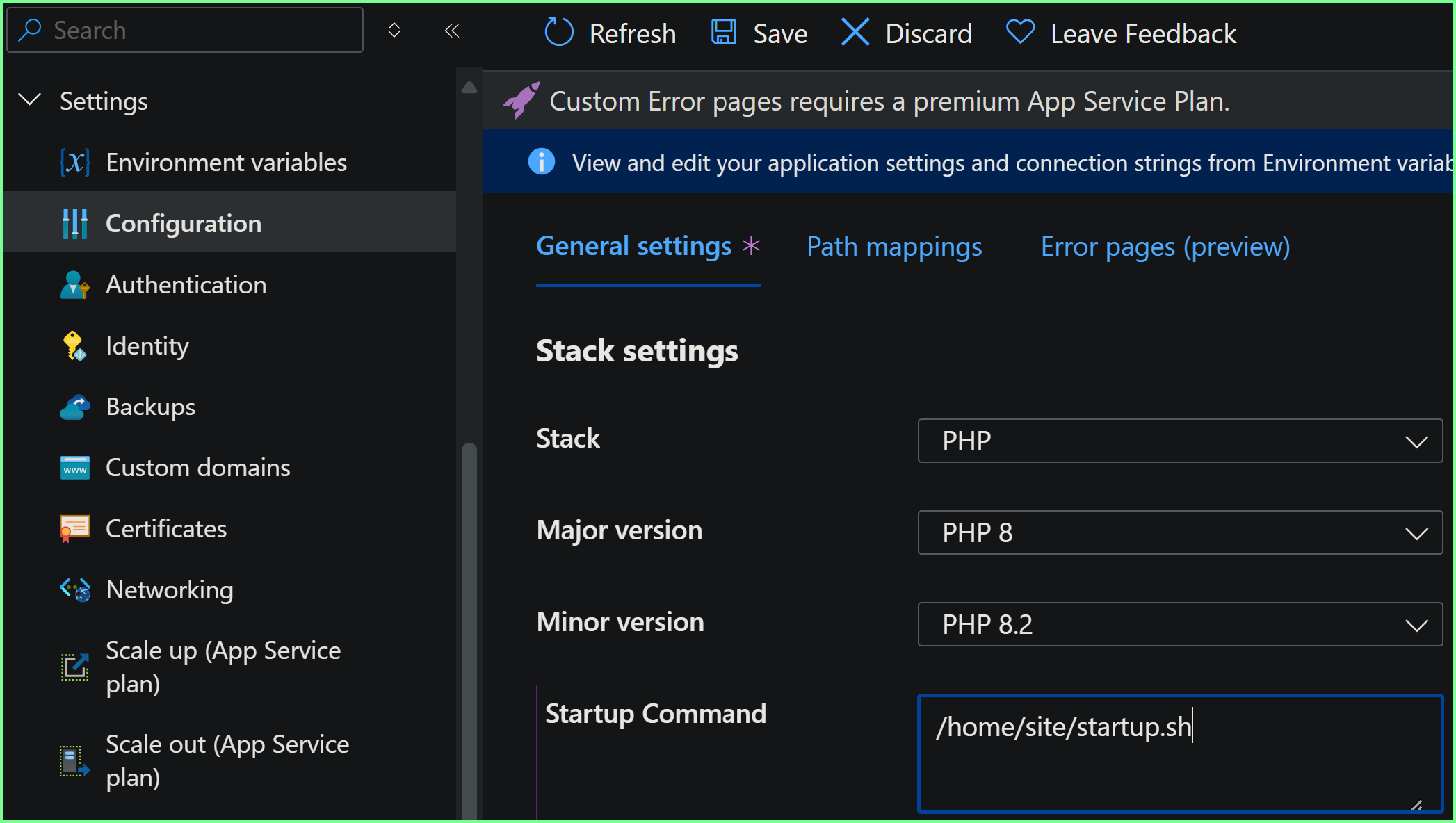 configuration window for an app service showing how to add a startup command