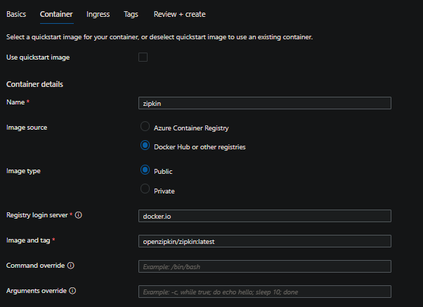 Container App creation with Zipkin image in the portal