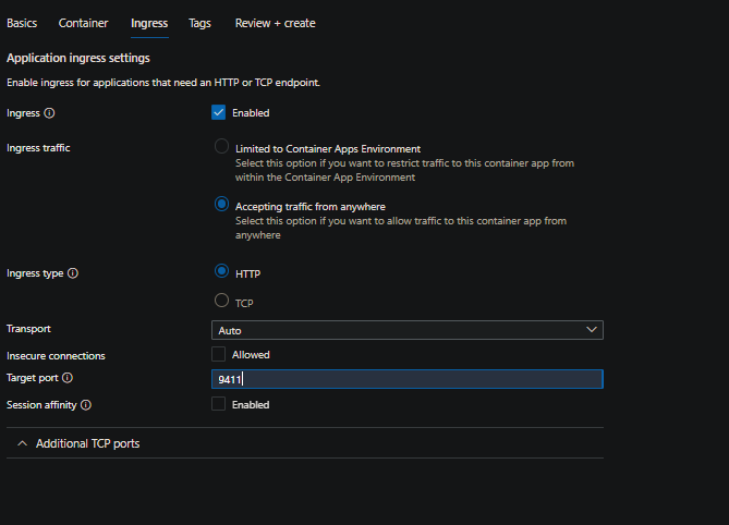 Container App creation with ingress config in the portal