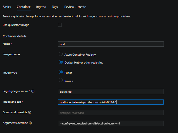 Container App creation for otel collector in the portal