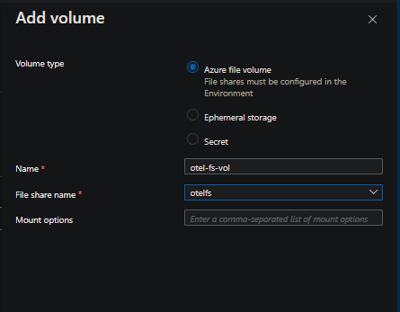 Volume configuration on the Container App