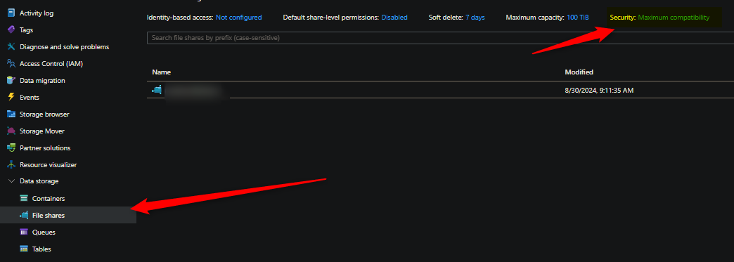 Azure Files security tab