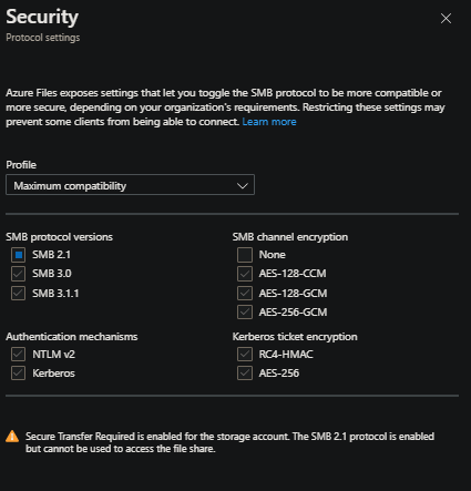 Azure Files security protocol settings