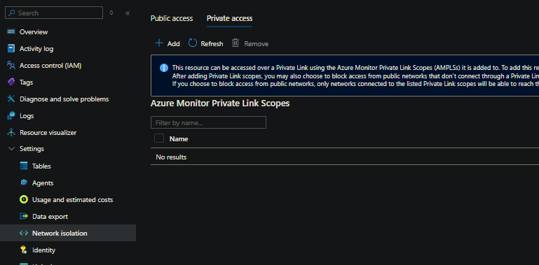 Network isolation blade on Log Analytics