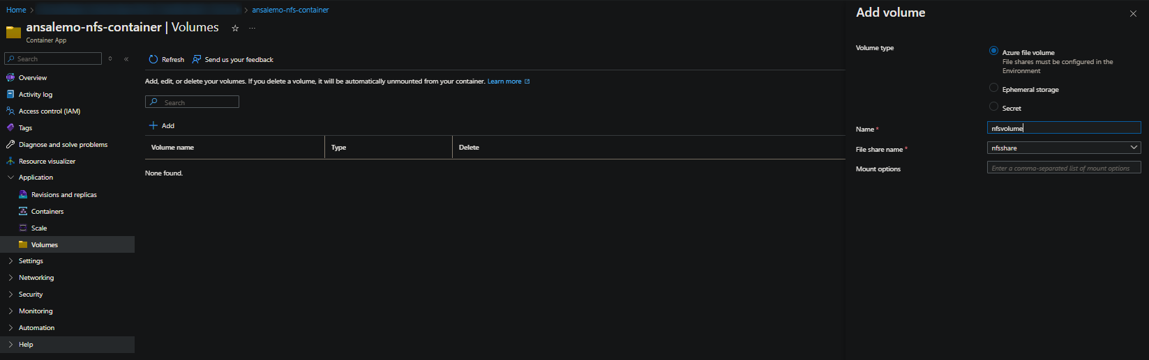 Adding a volume on the Container App