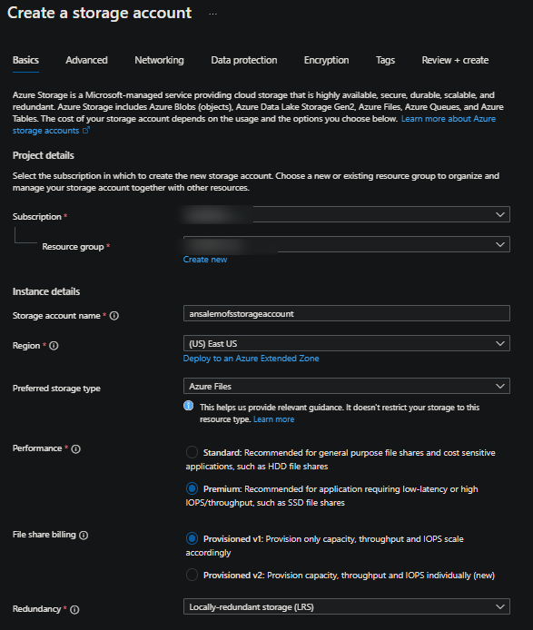 Storage Account Basics creation tab