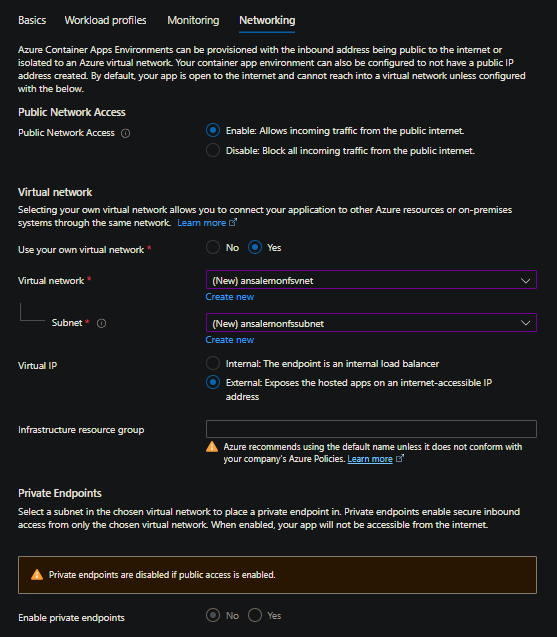 Container App creation blade
