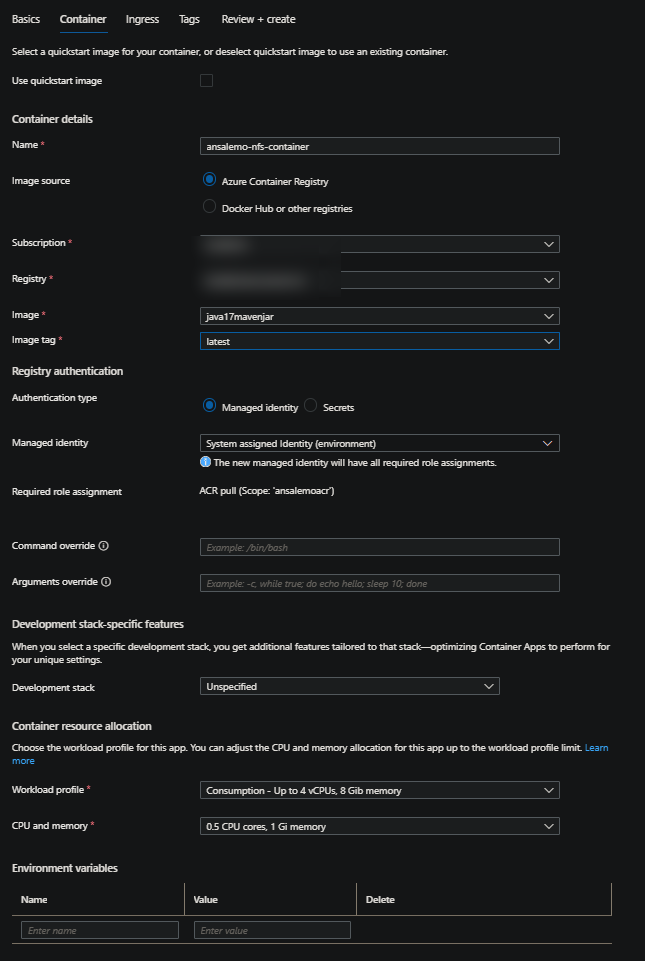 Container App creation blade
