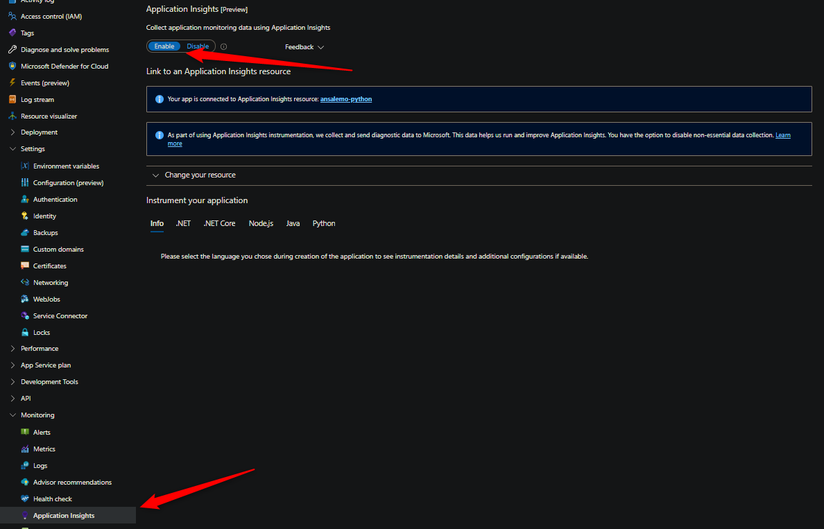 Enabled application insights