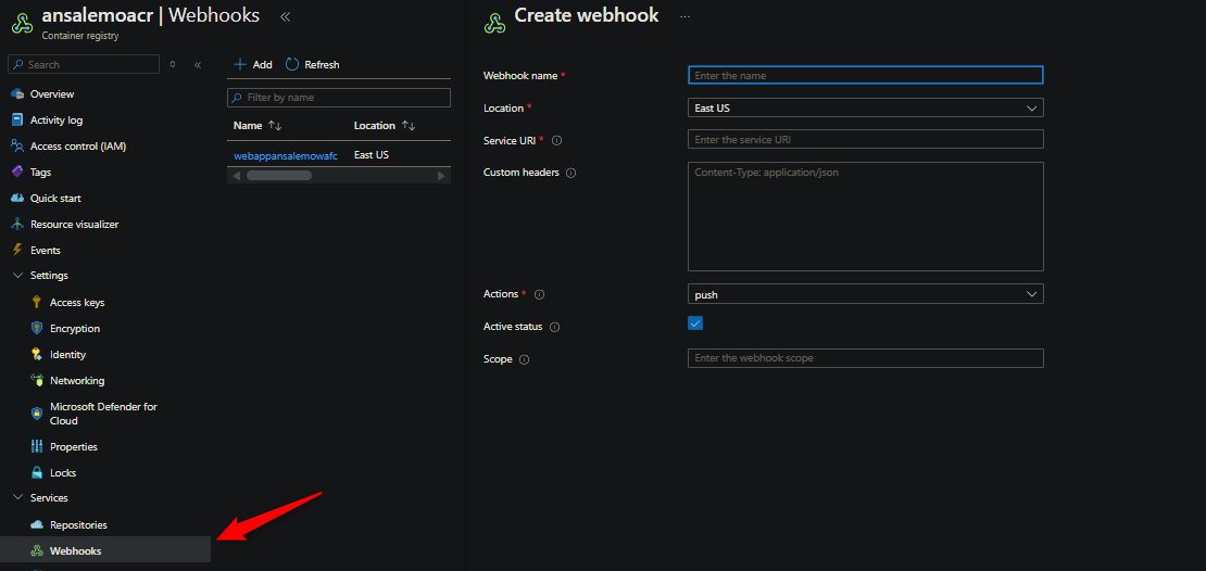 ACR webhook creation