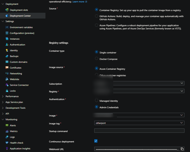 ACR webhook enablement on App Service